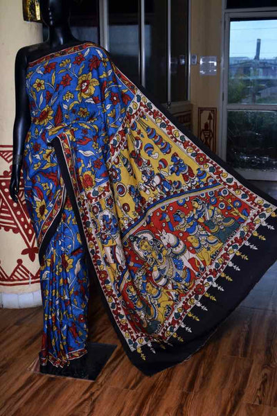 Yellow and Red Paithani Silk Saree with Pen Kalamkari - Desically Ethnic