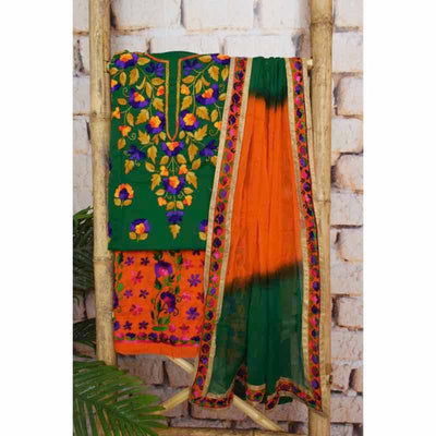 Designer Party wear Suit material with matching Phulkari  Dupatta/Scarf/Stole/Chunni at Amazon Women's Clothing store